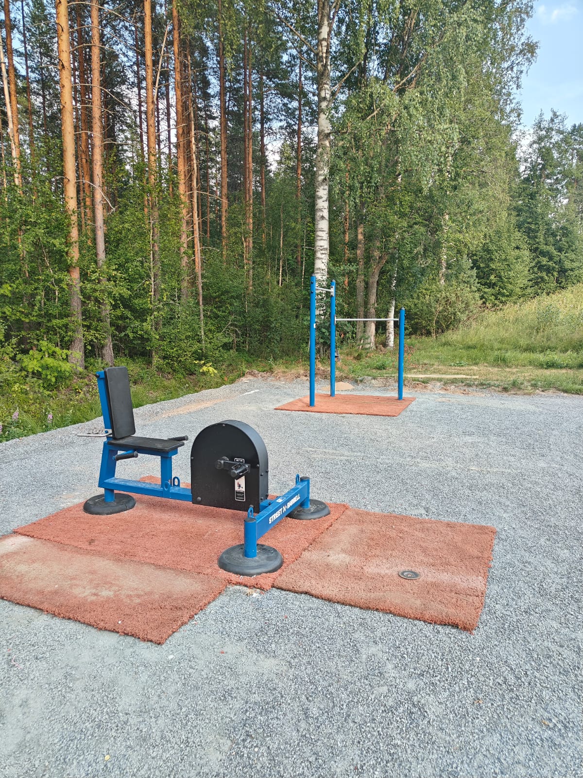 Kuntopy&ouml;r&auml; istuen (edess&auml;) ja leuanvetotangot (takana)